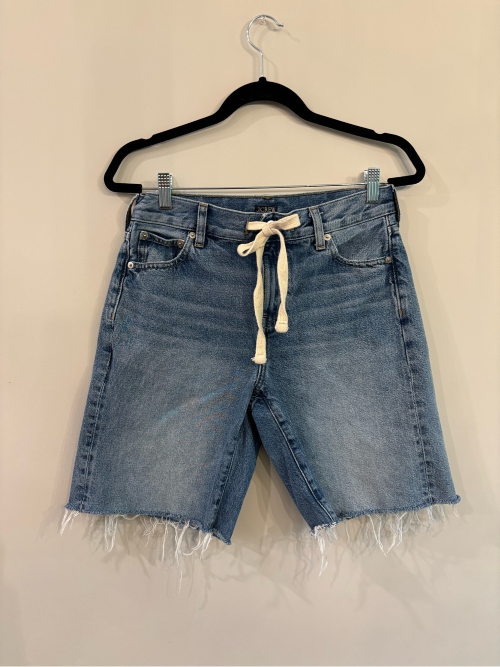 J. Crew Medium Blue Denim Drawstring‎ Frayed-Hem Shorts